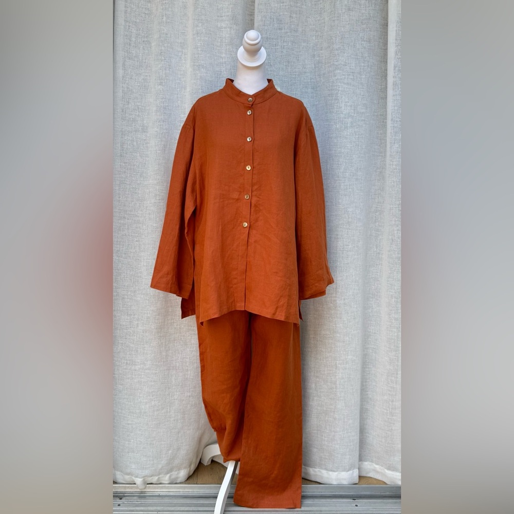Jaeger Rust Colored Linen Shirt And Pants Set - Picture 2 of 15